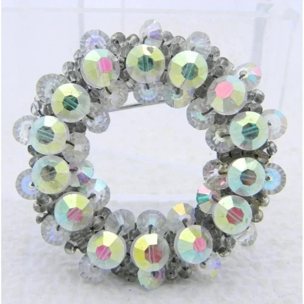 VTG HOBE Silver Tone Clear AB Crystal Rhinestone Round Wreath Pin Brooch